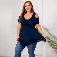 Plus Size Women's Solid Lace V-Neck Cold Shoulder Sleeve Tunic Tops Summer Ladies Casual Pullover T Shirts Tee Size 1XL-5XL