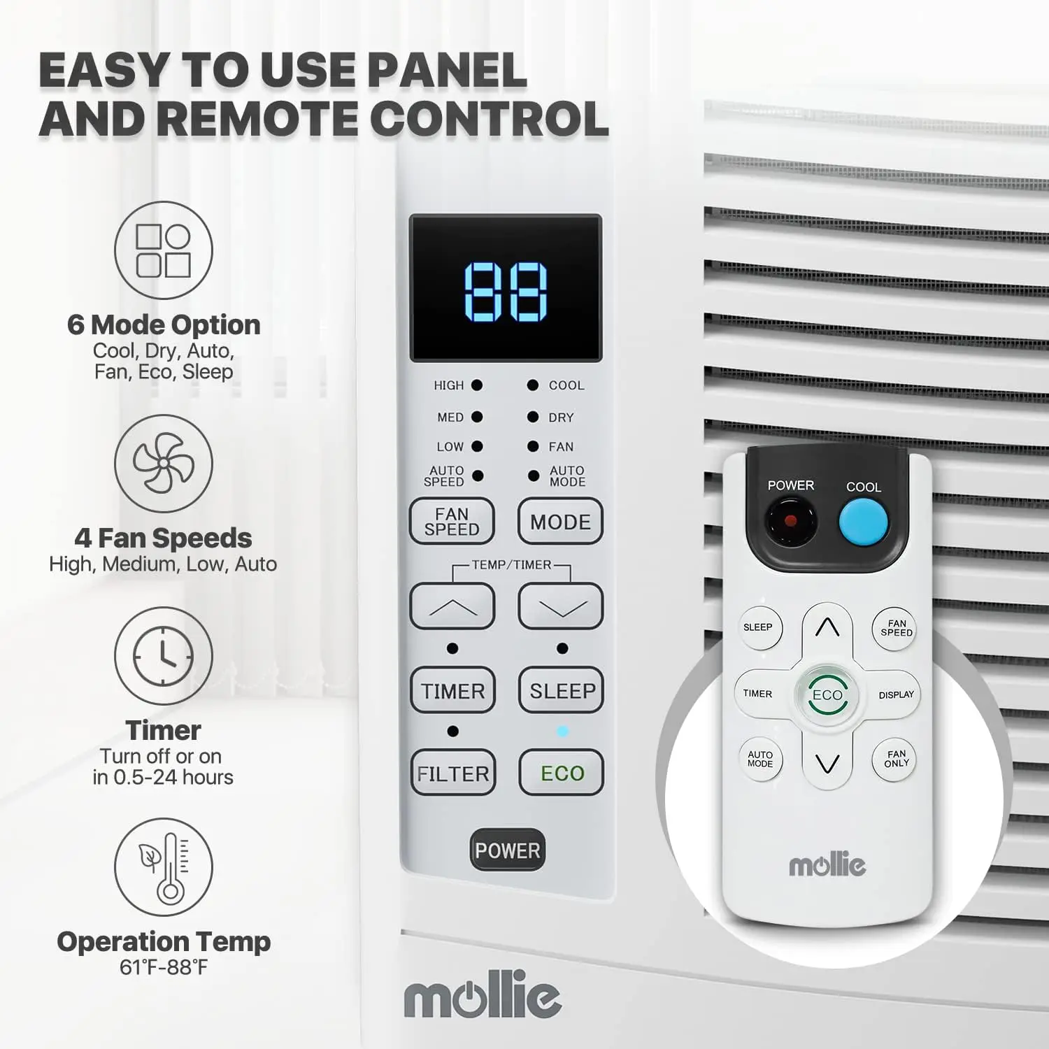 6000 BTU Window Air Conditioner, ac window unit with Washable Filter, Remote, Dehumidifier, Fan, Cools Up to 250 Square Feet