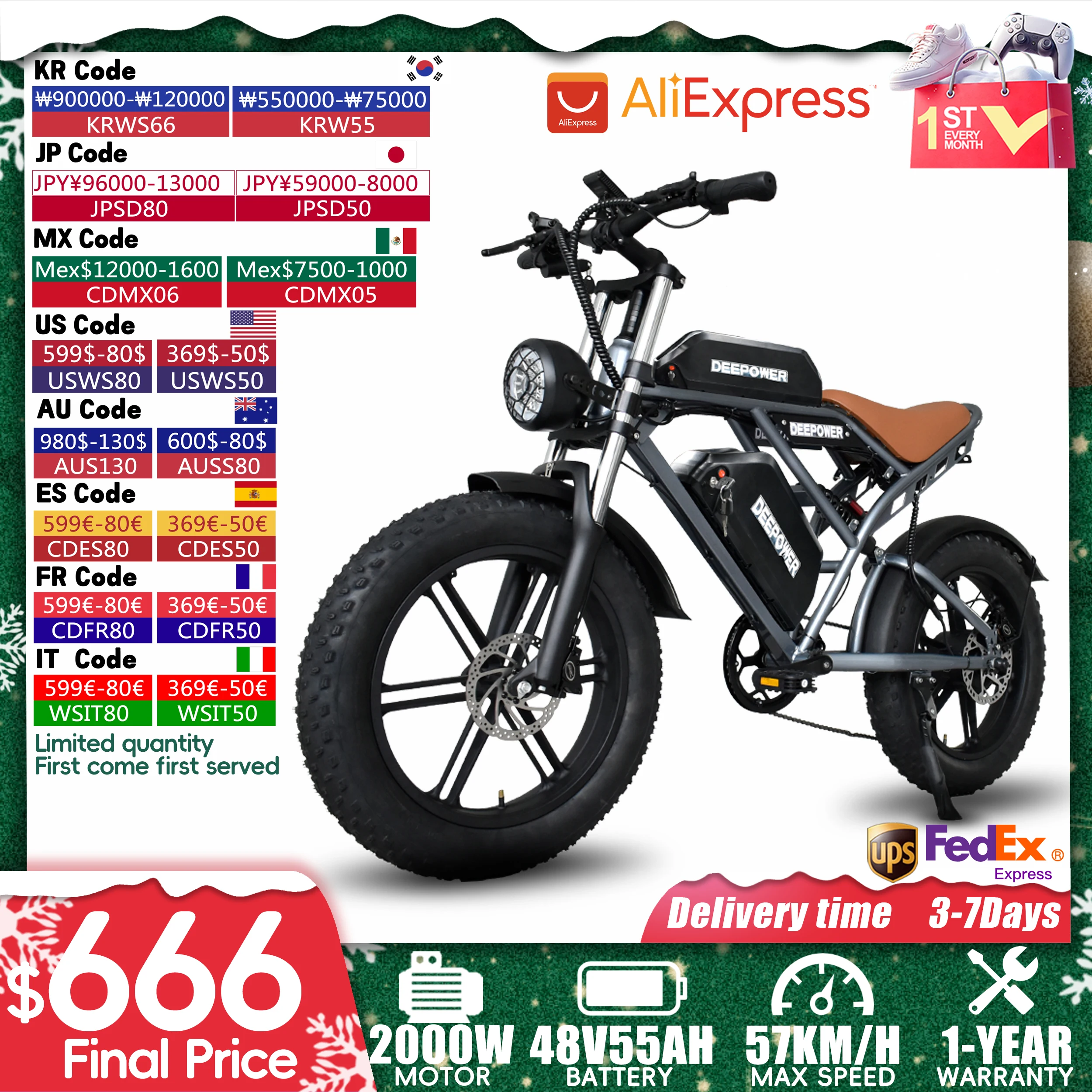 DEEPOWER S7 Electric Bicycle 2000W Motor Adults Electric 48V 55AH 20 Inch Fat Tire Bikes Mountain Oil Brake For E Bikes