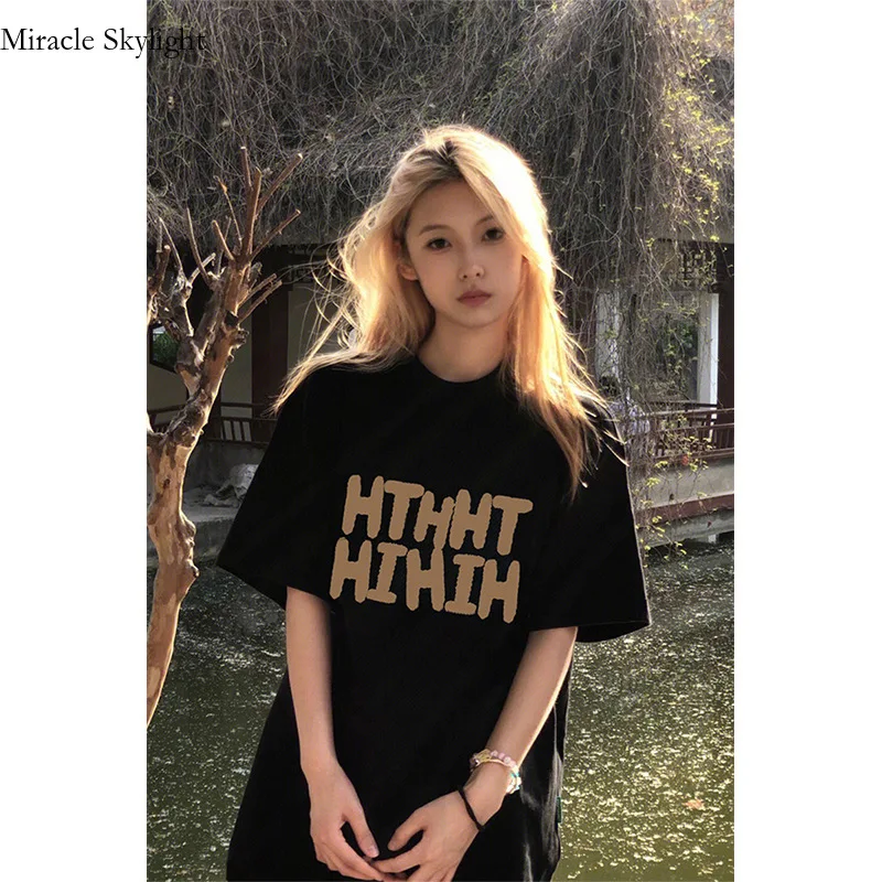 

American Short Women's Summer Oversize Loose And Lazy Couple Outfit Casual Versatile Top Half Sleeved T-Shirt