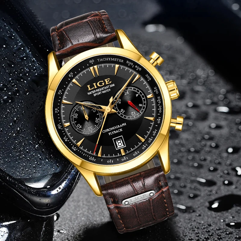 LIGE Men's Watch Big Dial  Leather Band Date Mens Business Male Watches Waterproof Luxuries Men Wrist Watches for Men