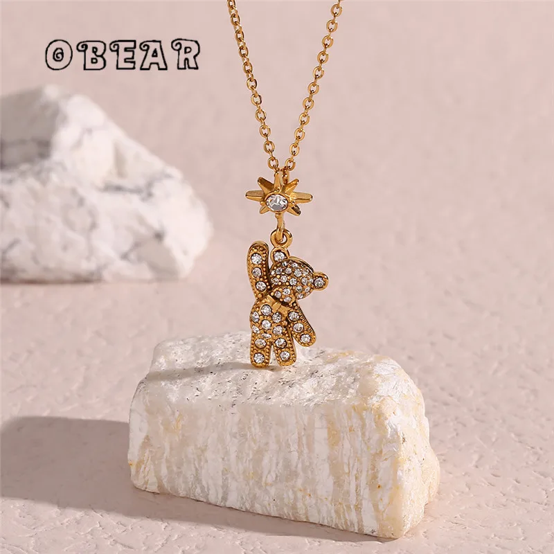 

Stainless Steel 18k Gold Plated Delicate Cubic Zirconia BearPendant Necklace New Fashion Jewelry for Women Gift