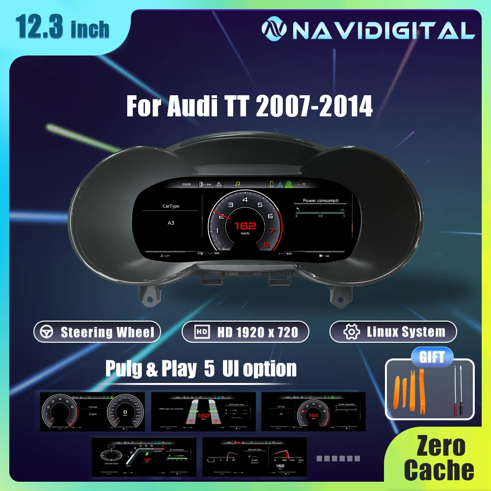 Tableau de bord Navidigital 12,3'' pour Audi TT 2008-2015, compatible Carplay, écran LCD, compteur de vitesse, cockpit virtuel