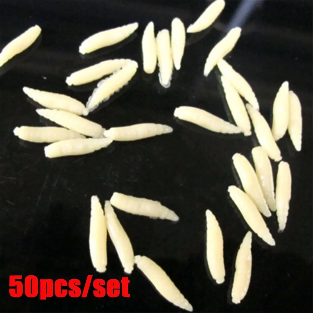 50Pcs 1.6cm PVC Maggot Grub Soft Baits Worms Ivory Fishing Lure