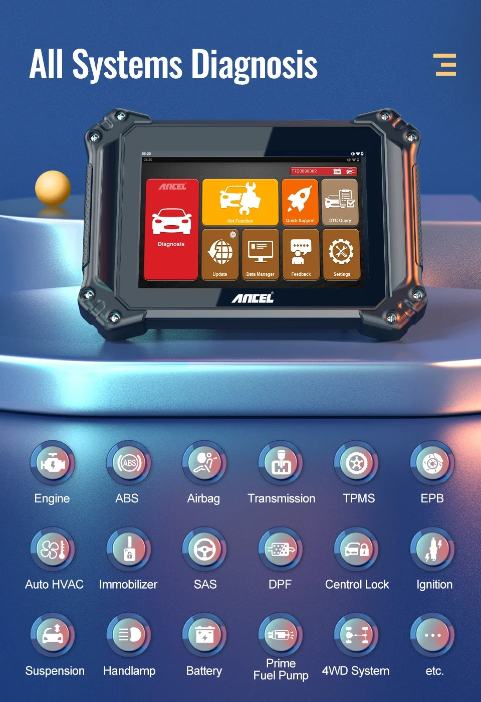 ANCEL V6 Kfz-Diagnosegeräte 8 Zoll Allsystem-Auto-OBD2-Scanner mit 15+ Reset-Funktionen Bidirektionaler Steuerungs-Scanner – Detail 3