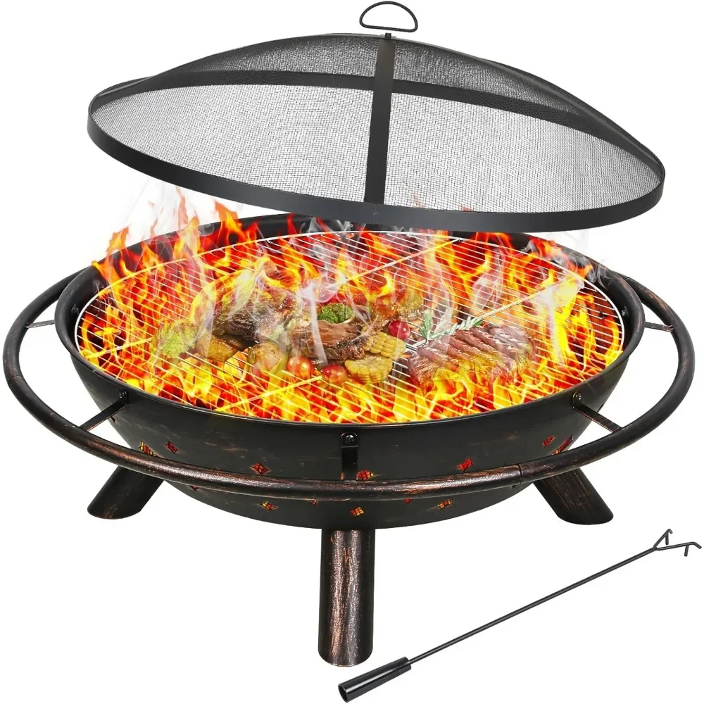 41" Large Size 2 in 1 Outdoor Fire Pit with Grill, Heavy Duty Steel Wood Burning Firepalce