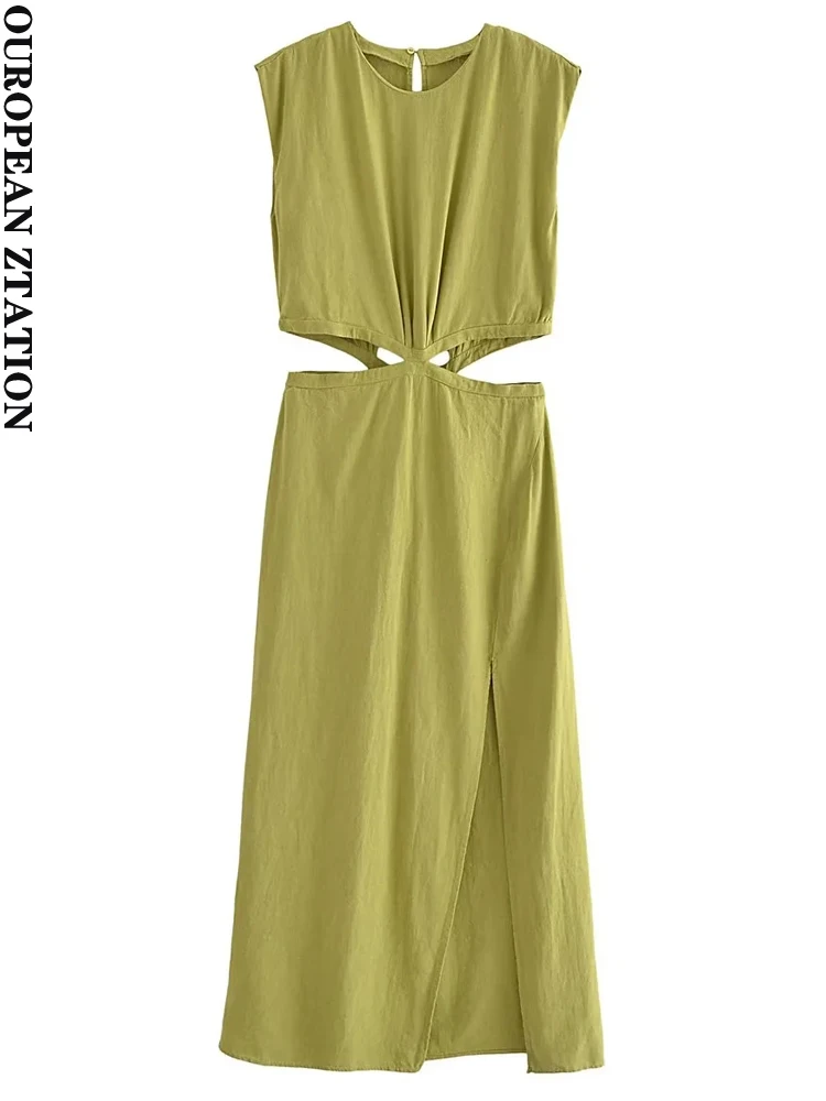 

PAILETE Women 2023 fashion with cut-out front slit midi dress vintage o-neck sleeveless female dresses vestidos mujer
