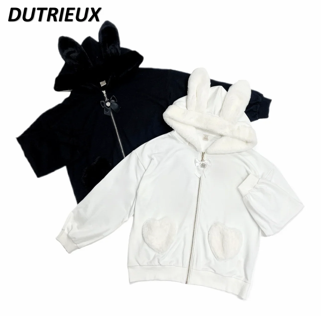 

Autumn and Winter New Cute Japanese Style Coat Sweet Loving Heart Furry Warm Loose All-Match Rabbit Hat Fleece-lined Jacket