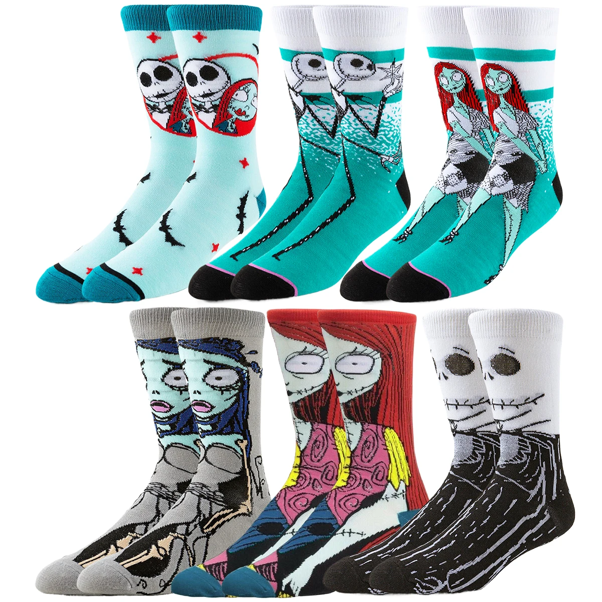 6Pairs Disney Cartoon Anime Socks Men Women Jack Skellington Sally Novelty Funny Casual Crew Socks Christmas Halloween