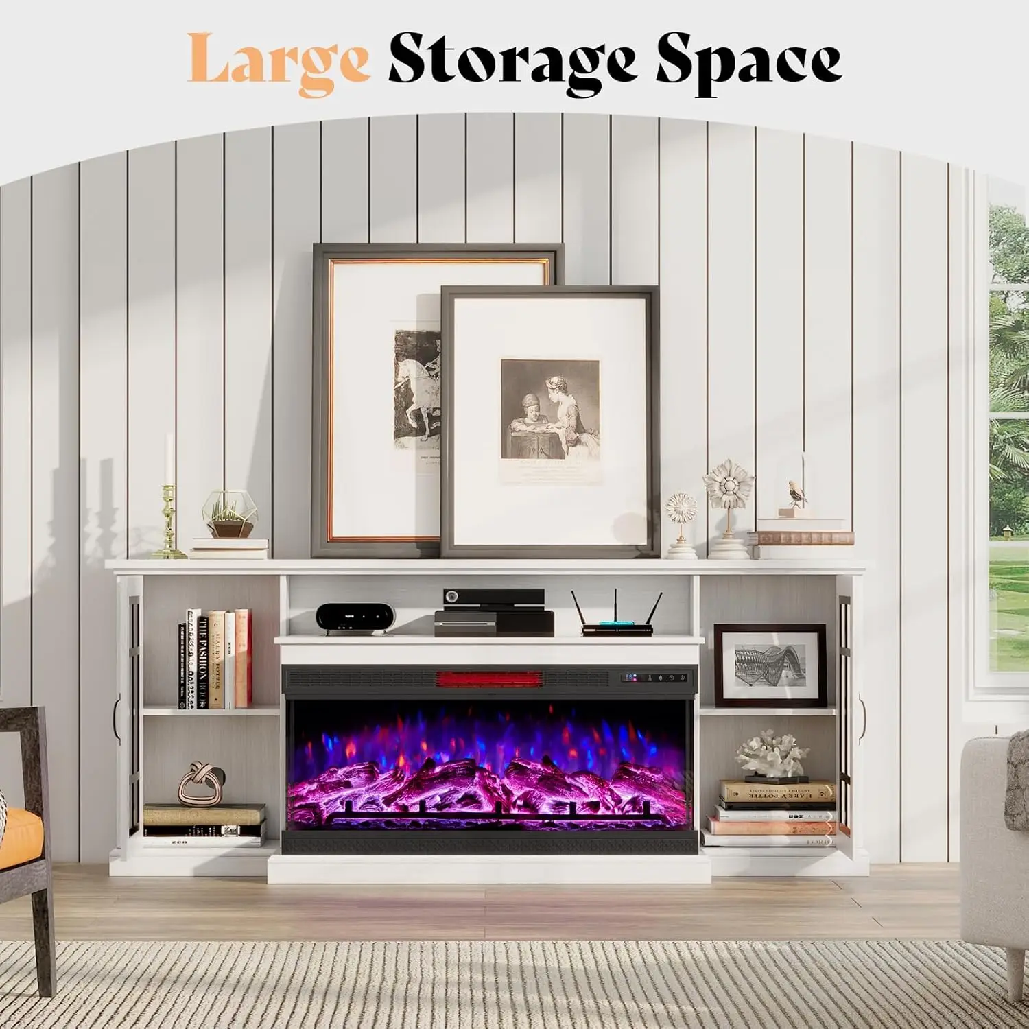 75-inch 3-sided Glass Fireplace TV Stands Can Be Used for TVS Up To 85 Inches in Rural Media Entertainment Center Control White 6