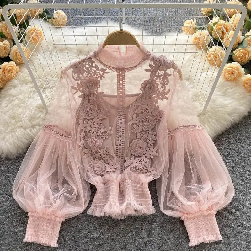 Niche Three-dimensional Flower Collage Perspective Mesh Lantern Sleeves Slim Fit Short Top Women's Lace Base Shirt 315