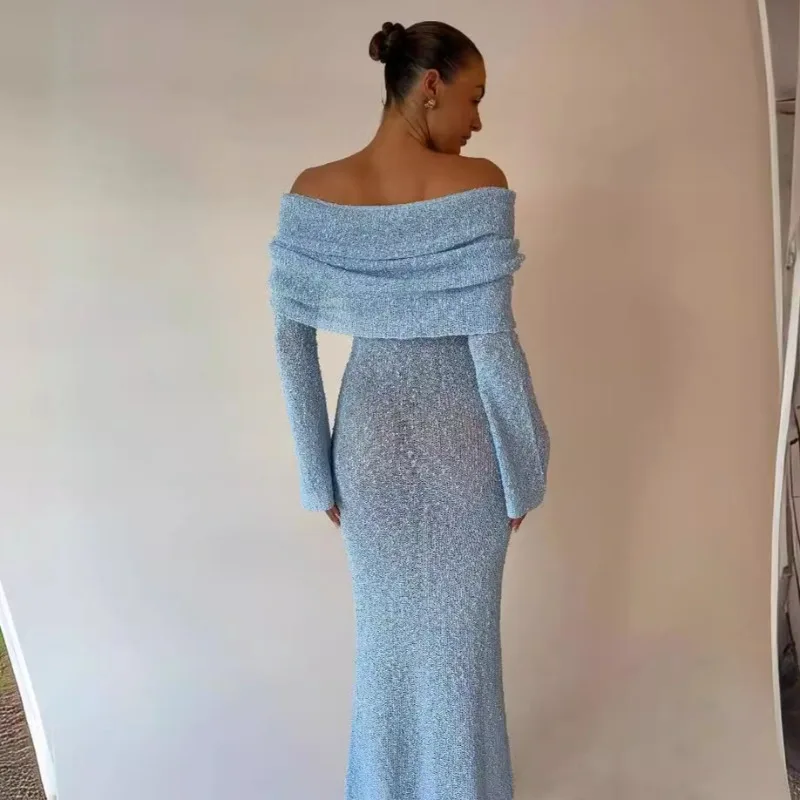 

Women Sexy Solid Knitted Vacation Maxi Dress Fashion Solid Off Shoulder Long Sleeve See Through Bodycon Long Robe Party Clubwear