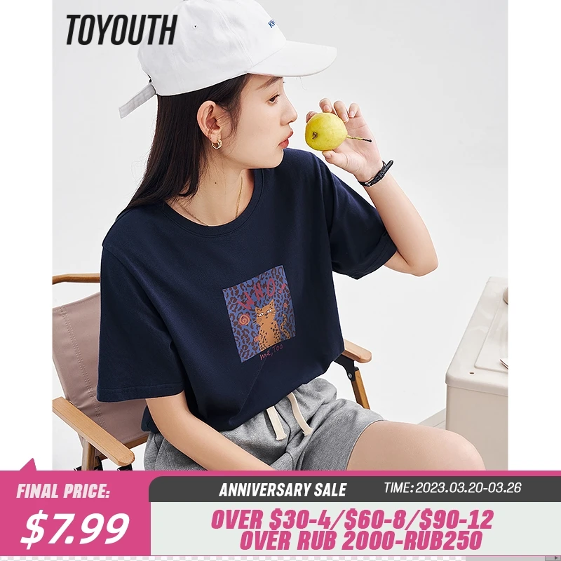 Toyouth Women T-shirt 2023 Spring Short Sleeve O Neck Loose Tees Cute Cat Print White Purple Navy Pure Cotton Comfort Tops - T-shirts - AliExpress - Одежда и аксессуары для женщин