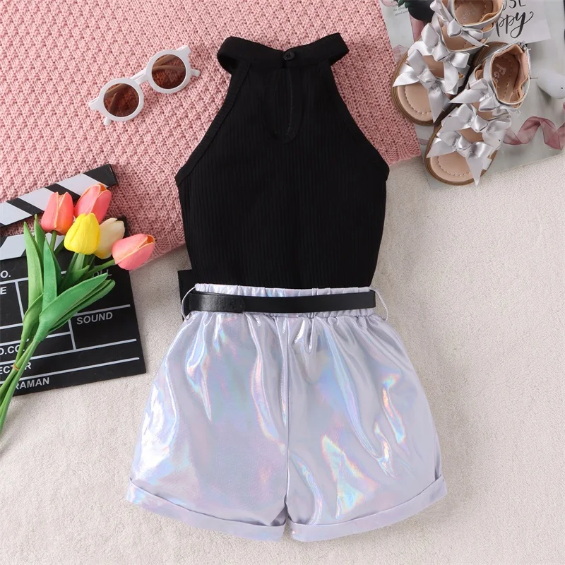 Girl's Halter Top with Holographic Shorts Set with Belt 2