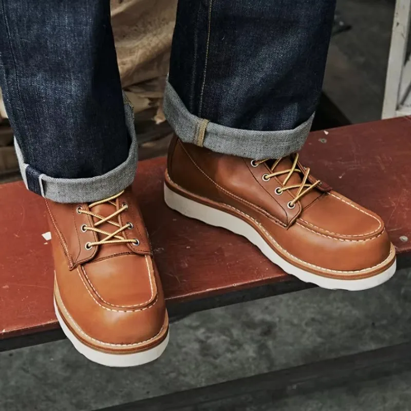Handmade High Top Shoes Mens Vintage Round Toe Genuine Leather Casual Mid Calf Boots Spring Autumn Thick Platform Cowhide Boots