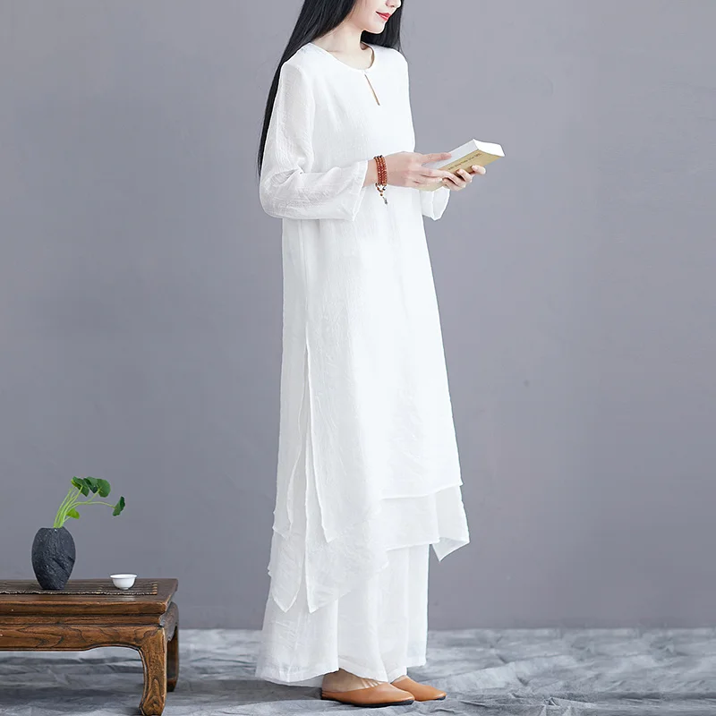 Chinese Traditional Costume White Simple Solid Zen Casual Set Clothing Women Long Top Wide Leg Pants Two Pieces Chinese Styles Vintage Ethnic Style Harajuku