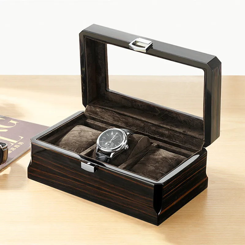 Embers Luxury Wood Grain Watch Box 3 Slots Velure Quartz Mechanical Watch Storage