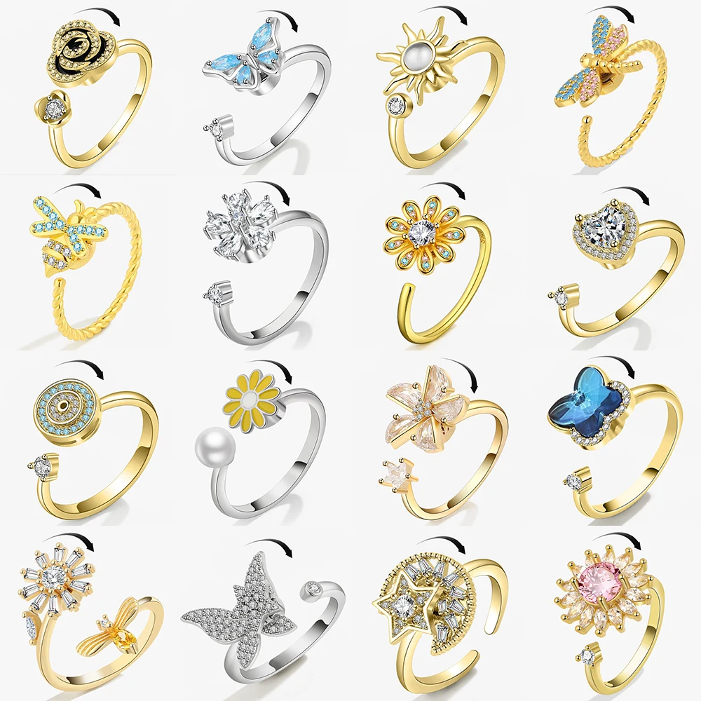 SMJEL Fidget Spinner Ring Anxiety for Women Multiple Crystal Flower Eye Butterfly Animal Ring Rotate Anti Stress Wedding Jewerly 1