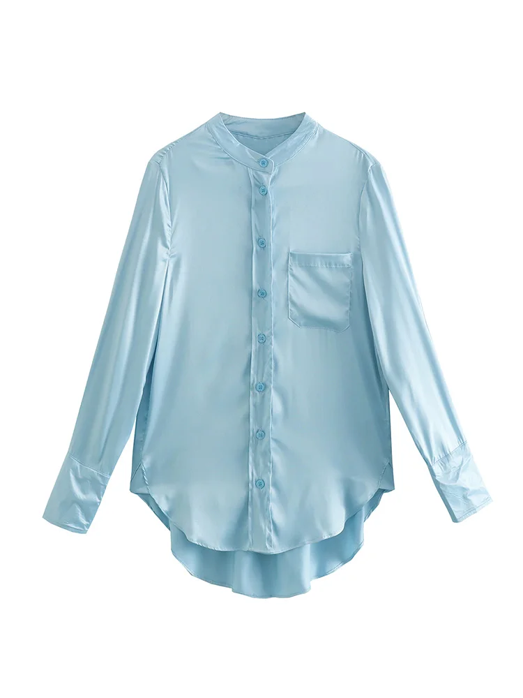 

Shirts For Women 2022 Buttoned Elegant Office Lady Shirt With Chest Patch Pocket Stand Collar Long Sleeve Solid Satin Shirt Tops