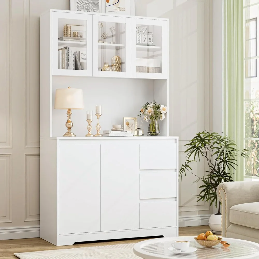 71" Kitchen Pantry Cabinet with LED Lights and Charging Station, Modern Kitchen Cabinet Hutch with Storage and Microwave
