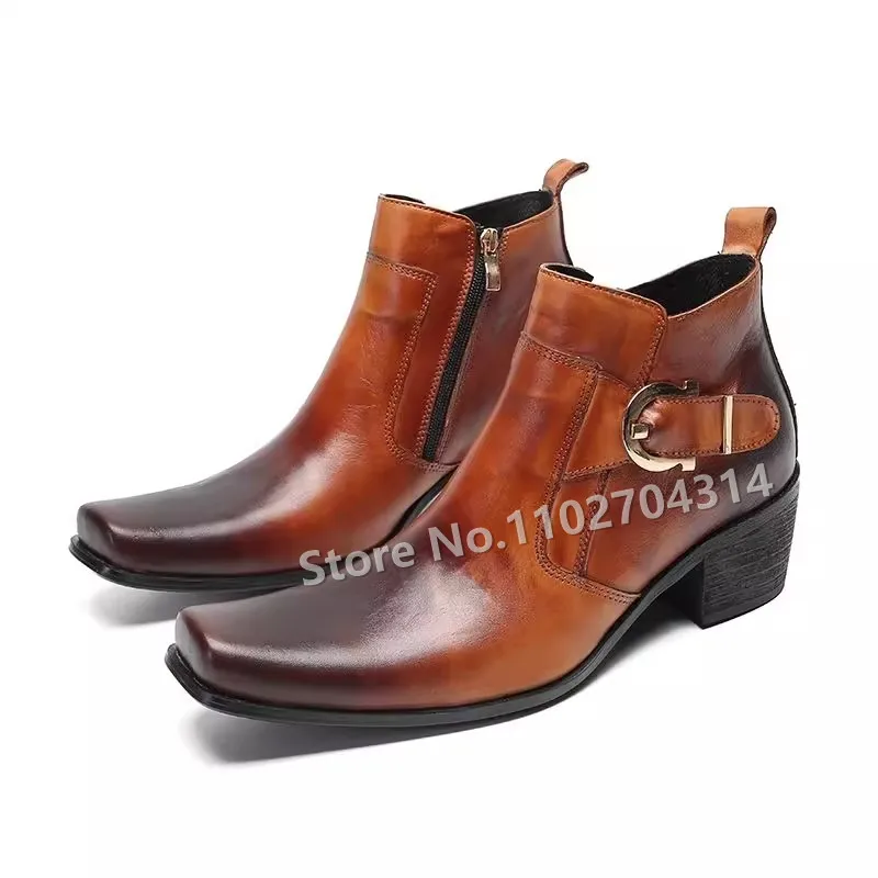 

Men's Leisure Belt Buckle Decor Short Boots Fashion Mixed Color Square Toe Chunky Heel Zipper Boots Male Design Dress Shoes