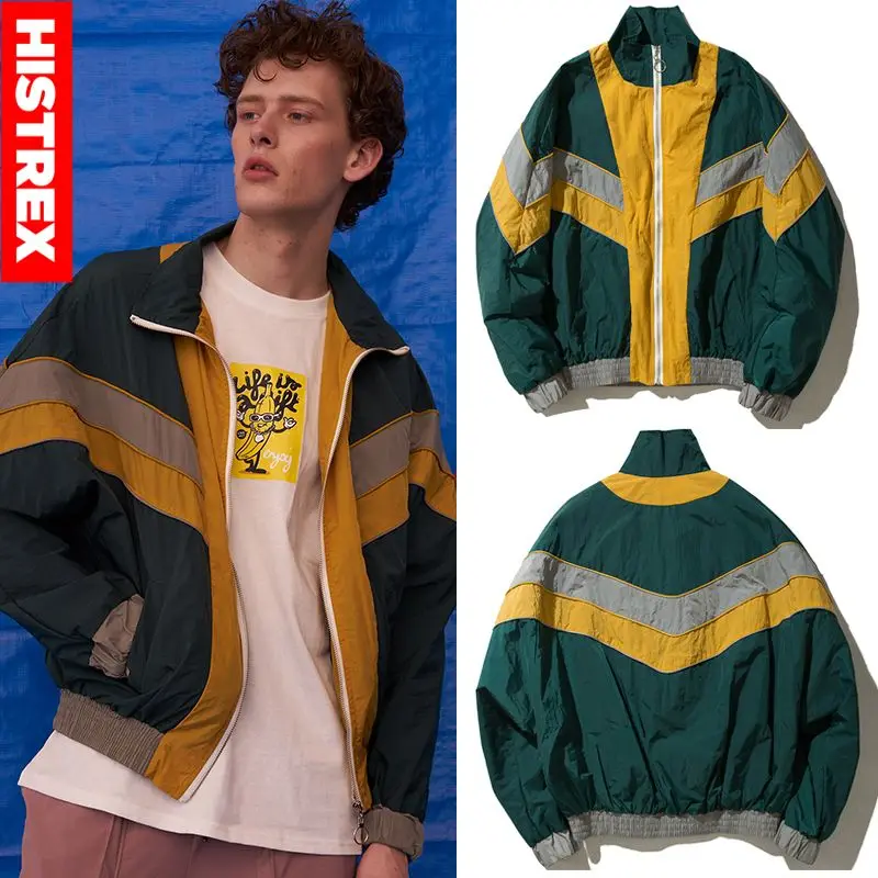 HISTREX - Erkekler Hip Hop Ceket Rüzgarlık Retro Streetwear Renk Blok Patchwork Ceketler Ceket Sonbahar Harajuku Zip Eşofman Ceket Rahat