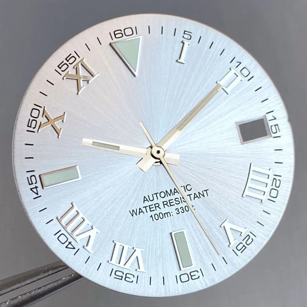 Grey Silver Sunburst 29mm Watch Dial with Roman Numerals and Multi-Colored Hand Set