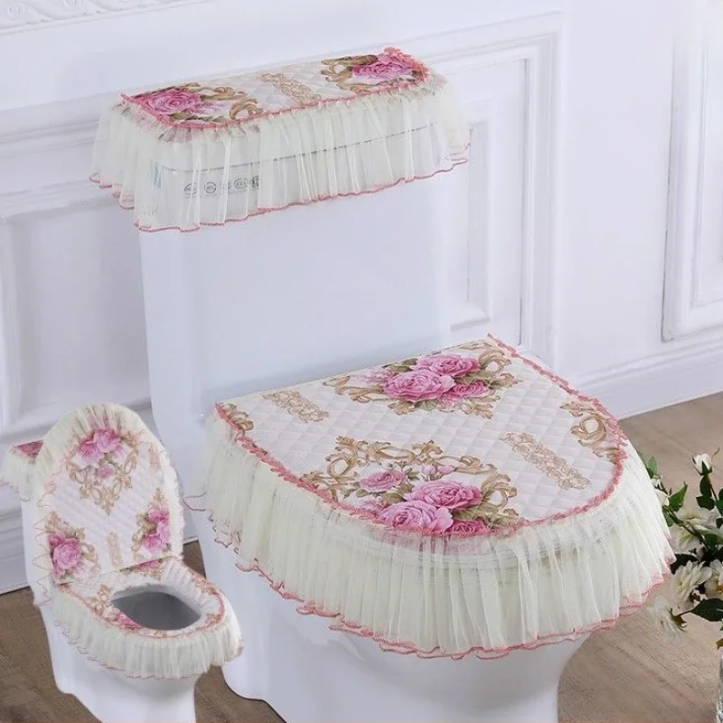 3 Piece Set Lace Toilet Cushion Detachable Toilet Cover Cloth Dust Cover Seat Cushion Home Decoration