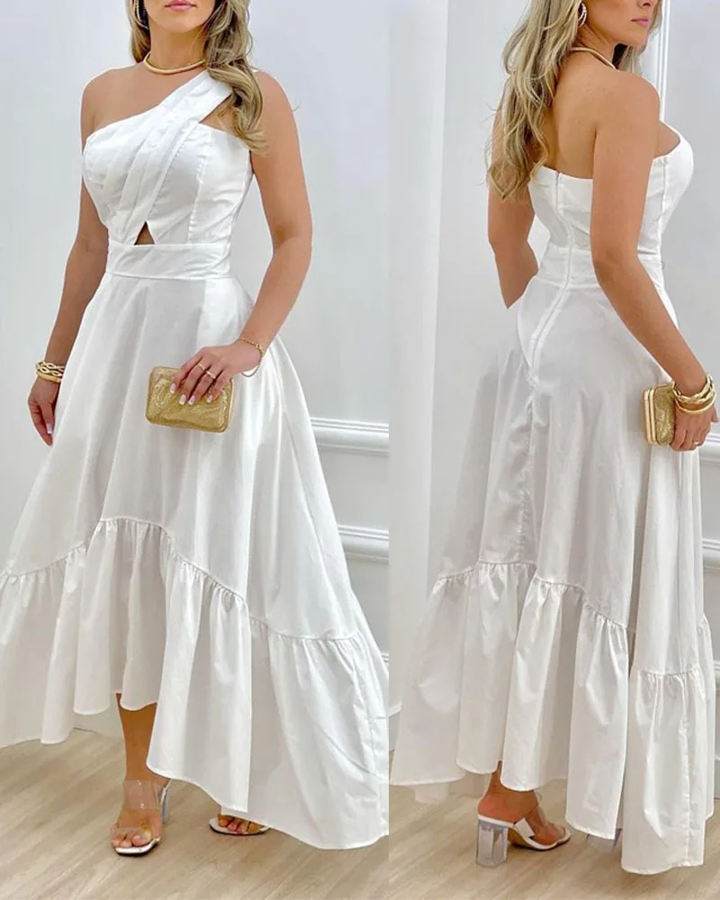 Mikayla White Hollow Ruffle Maxi Dress