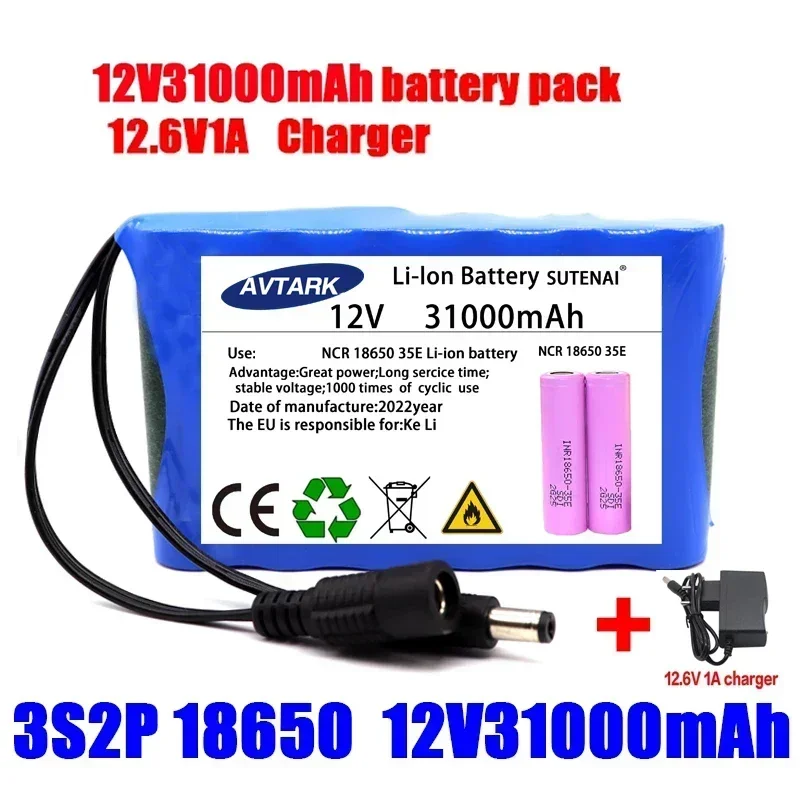 

18650 3S2P 12V 31000mah Original Lithium Ion Battery DC 12.6V 31Ah Rechargeable CCTV, Camera Monitor Replacement Battery+Charger