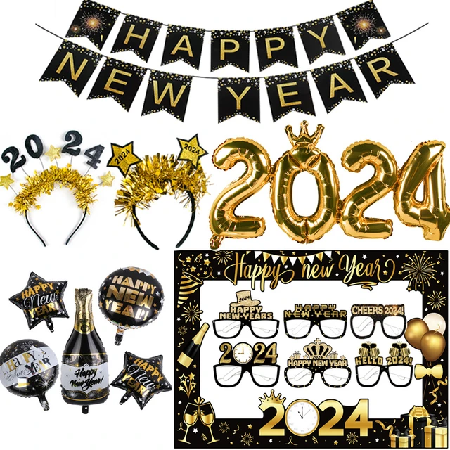 Set 2 pièces Happy 2024 avec guirlande et ballons en aluminium - Réveillon  du Nouvel