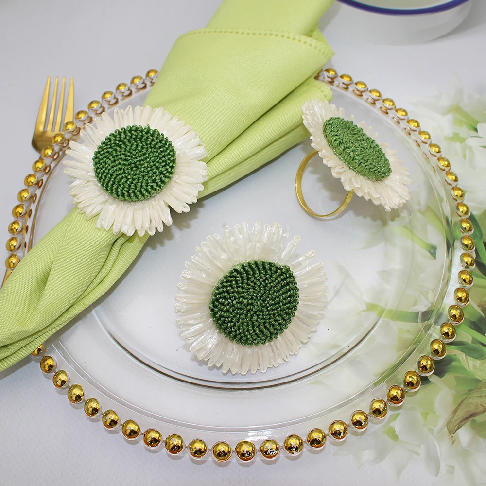 6Pcs Handmade Green Flower Napkin Rings Sunflower Serviette Rings for Table Decoration Wedding Party Spring Easter Decor HB276