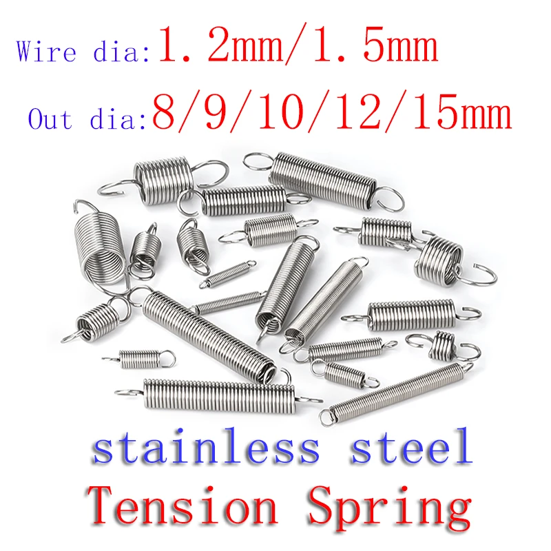 Stainless Steel Spring 304 Stainless Steel O Hook Tension Cylindroid Helical Pullback Extension Tension Coil Spring Wire Diameter 1.2mm 1.5mm