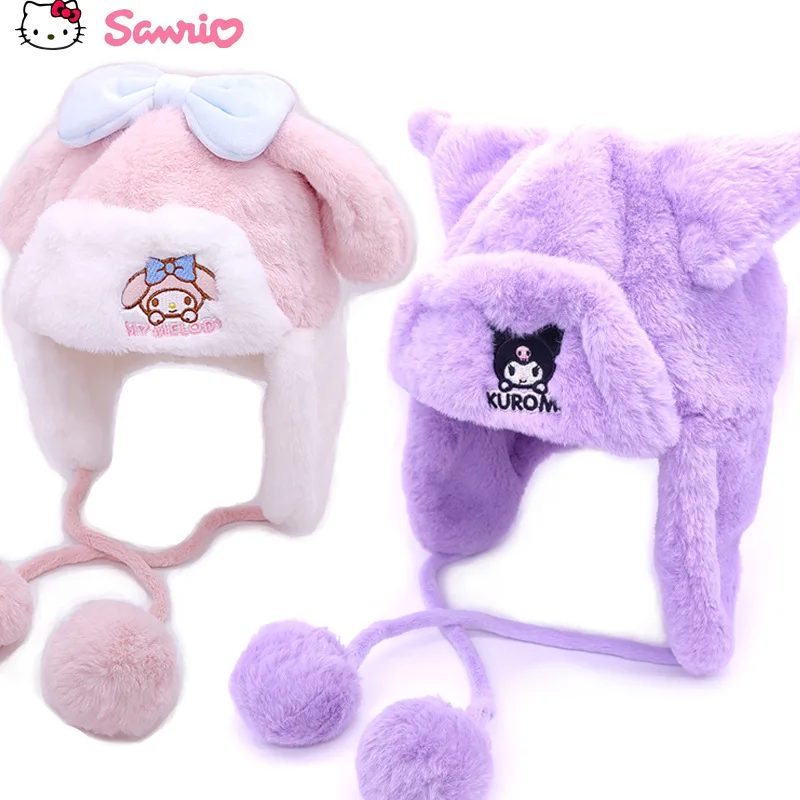 

Кавайный плюшевый ветрозащитный капюшон Sanrio Kuromi Hello Kitty с мультяшным рисунком, женское сердце, моя мелодия, теплая и защита ушей, Лэй фэн Кепка 2023