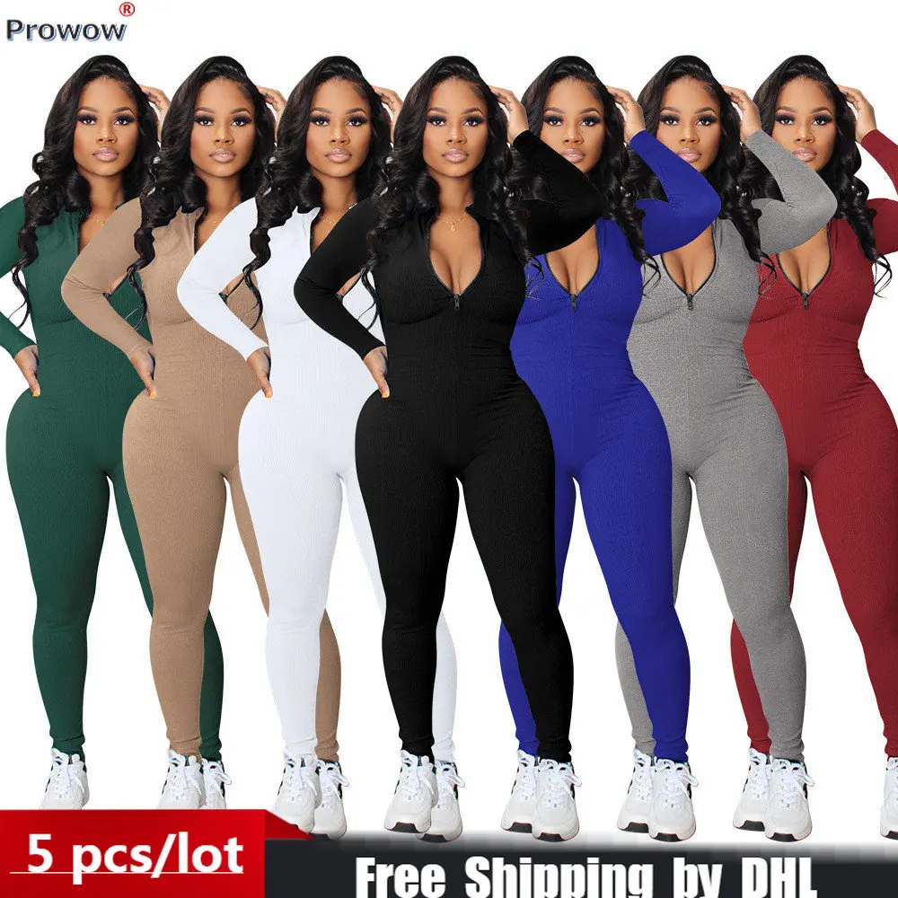 

2023 Fall Winter Women Jumpsuits Casual Ribbed Lady Sportswear Sexy Deep V Femme Overalls Solid Romper Pants Wholesale Bulk 8409