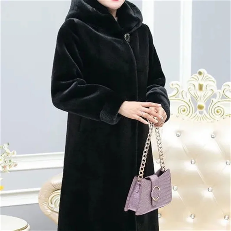 Mink Fur Coat Female Long Whole Mink Autumn And Winter Thicken Mink Fur Mink Velvet Mid-Elderly Mother Velvet Faux Fur Coat 6XL