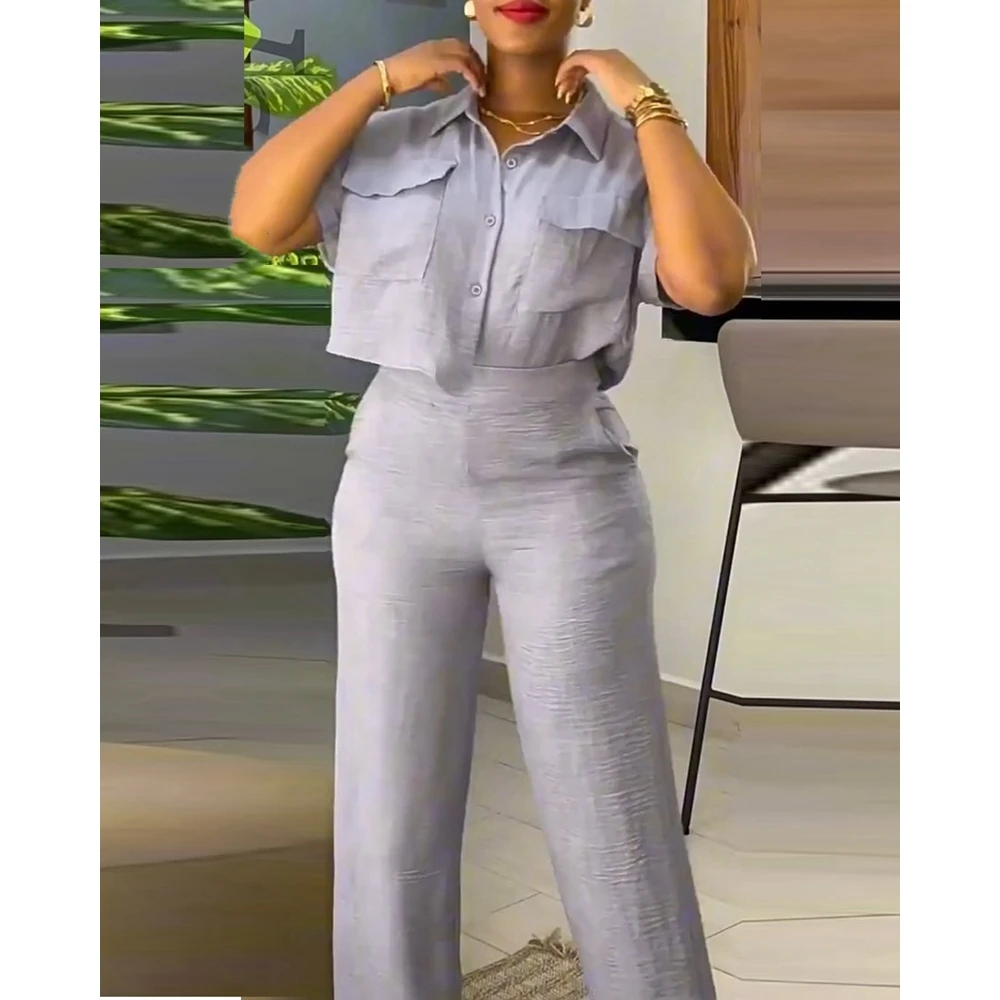 2024 Spring Summer Ensembles Femme 2Pcs Sets Suit for Women Pocket Decro Short Sleeve Shirt & Wide Leg Pants Set Two Pieces Set