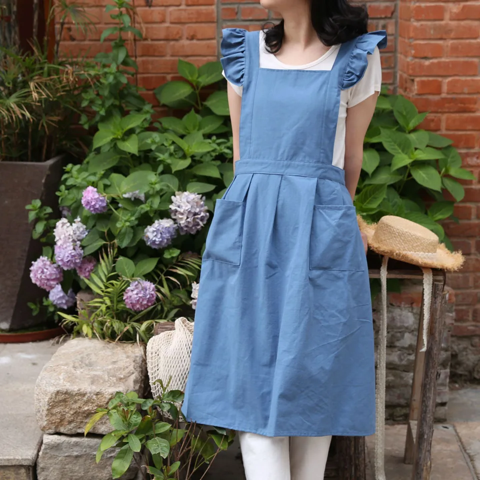 Adigau Vintage schorten met zakken retro bloemenschort kookschort schort voor koken café bakken schilderen tuin huishoudelijk werk, blauw, Eén Maat