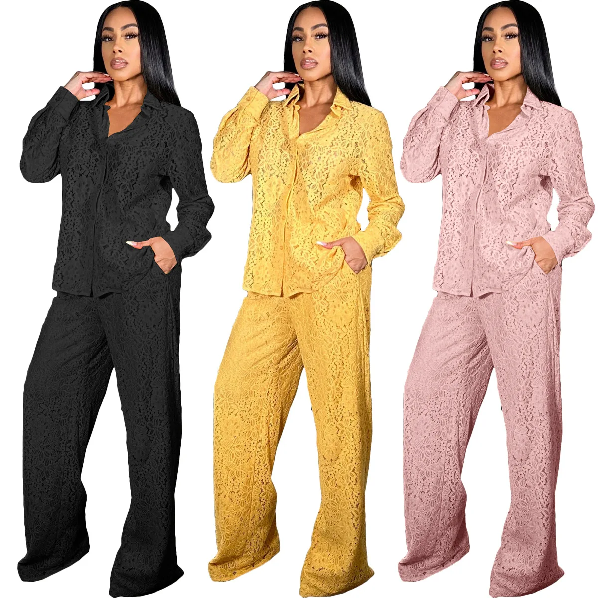 

Sexy Lace Pantsuit With Lining Two-Piece Solid Color Double Layer Lace Women Clothing Shirts And Wide Leg Pants Outfits