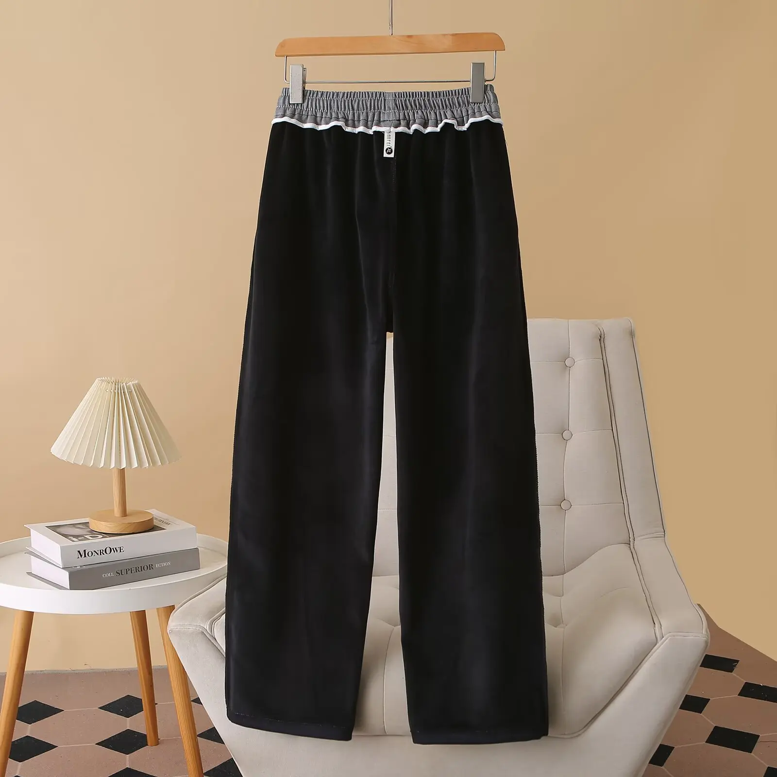 XXXXL Fashion Plus Size Women's Straight Leg Pants Winter Block Color Waist Thickened And Fleece Warm Curved Casual Trousers 887