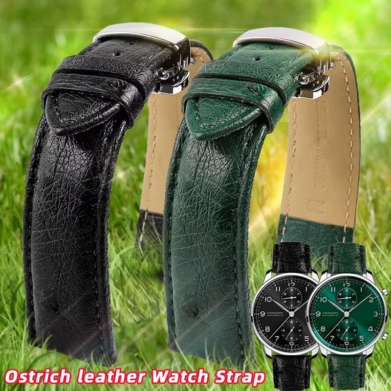 Bracelete de Relógio de Couro Avestruz Vintage para Homens e Mulheres Pulseiras Fecho Borboleta Acessórios Rolex Iwc Tudor Preto Verde Marrom