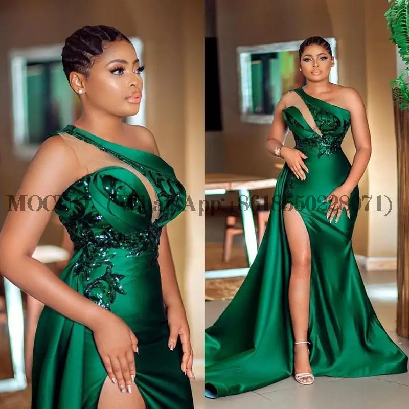 

Plus Size Evening Dresses One Shoulder High Side Split Sequins Mermaid Prom Dress Satin Formal Gown Custom Made