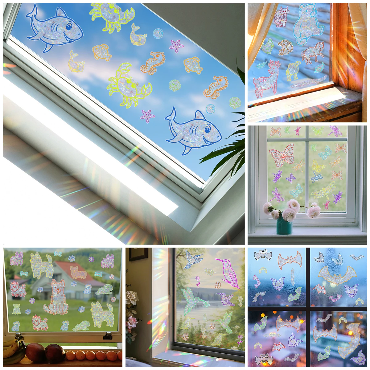 20 Styles Cartoon Animals Suncatch Rainbow Window Privacy Film Sticker Static Cling UV Protection Film For Kids Baby Rooms Glass