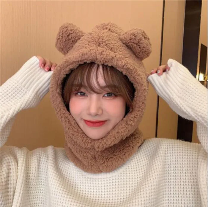 New Cute Bear Ear Hat Scarf Gloves Set Women Winter Novelty Caps Warm Plush Hats Casual Solid Fleece Girl Party Accessories - 6
