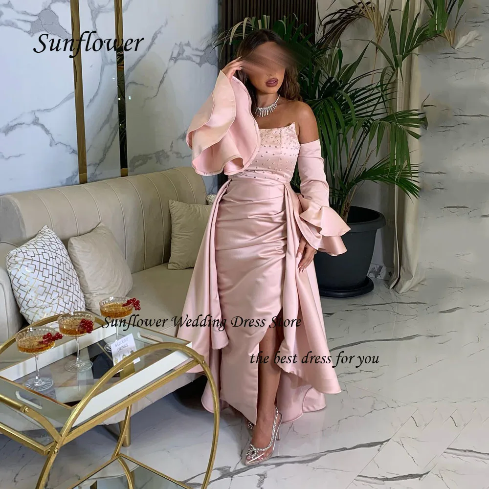 

Sunflower Pink Scoop Neck Evening Dress 2023 Slim Backless Satin Mermaid Prom dress Long Sleeve Floor-Length Party Dress
