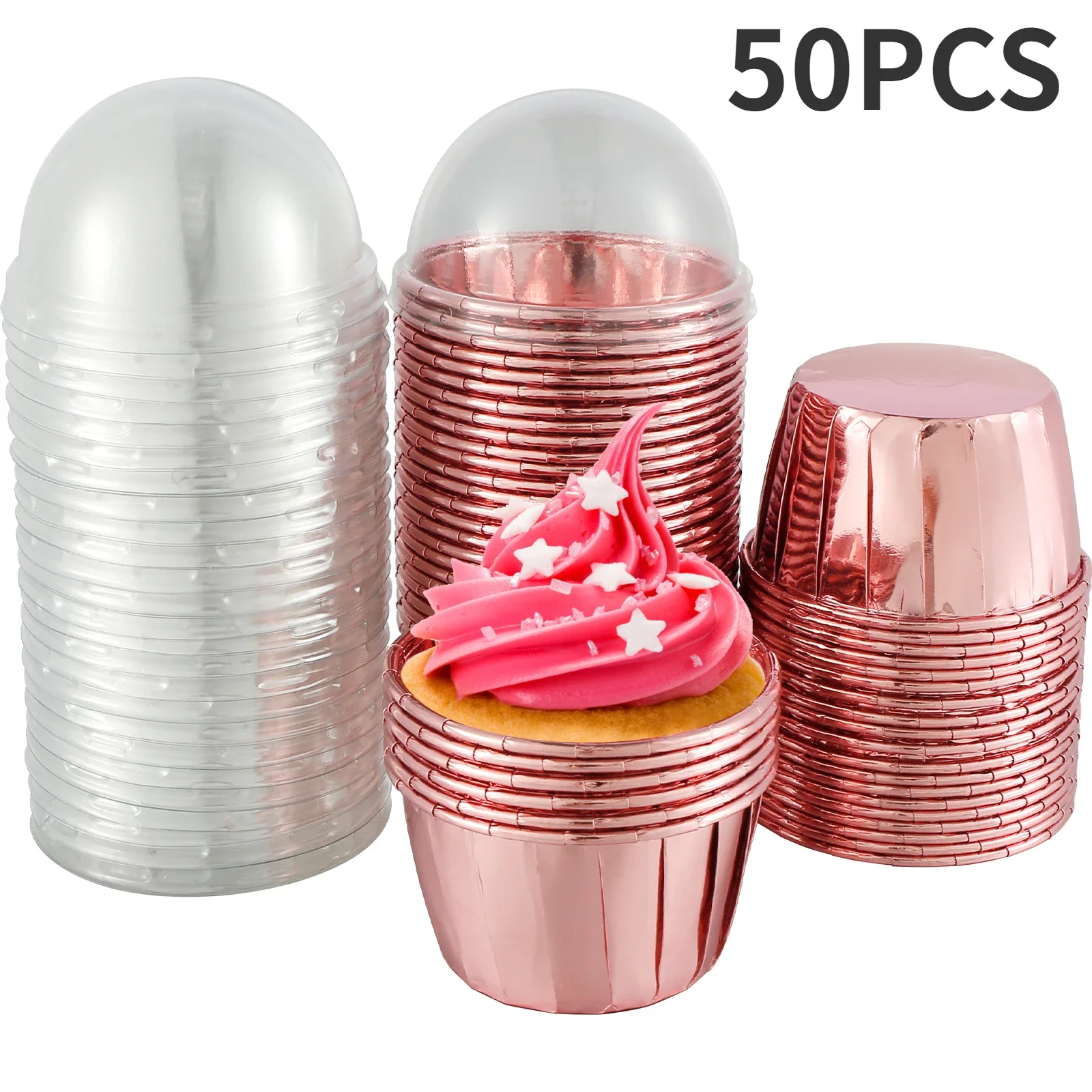 50Pc Foil Cupcake Liners with Lids Heat Resistant 5.5oz Aluminum Cake Cups  Round Foil Baking Cups Kitchen Wedding Party Supplies