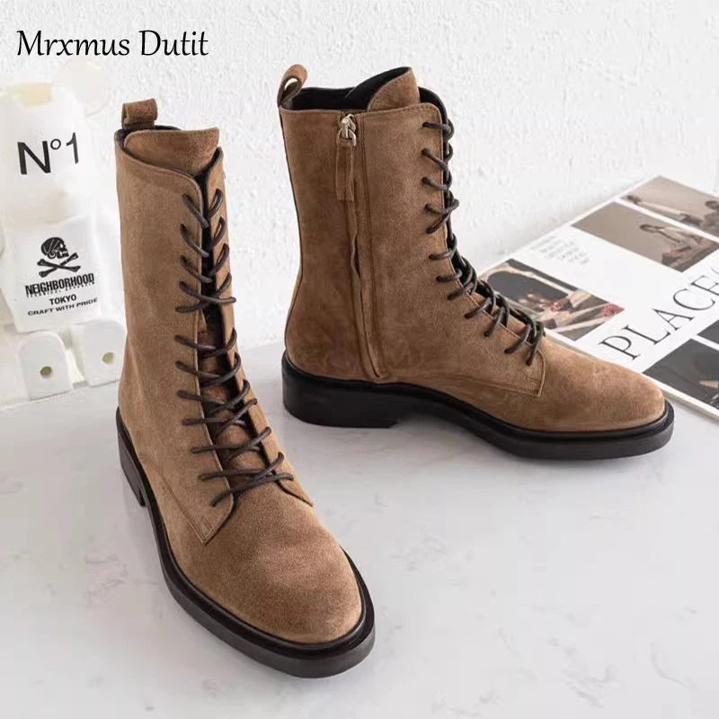 

Mrxmus Dutit 2023 Autumn Winter Fashion New Women Genuine Leather Lacing Flat Short Boots Round Head Simple Casual Short Female