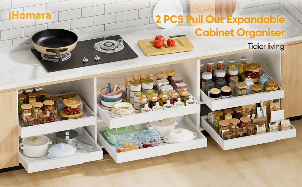 Description Picture 2 of item2 Pack Expandable Pull Out Cabinet Organizer Adhesive, Peel And Stick Slide Out Drawers for Kitchen Cabinets,Adjustable Width