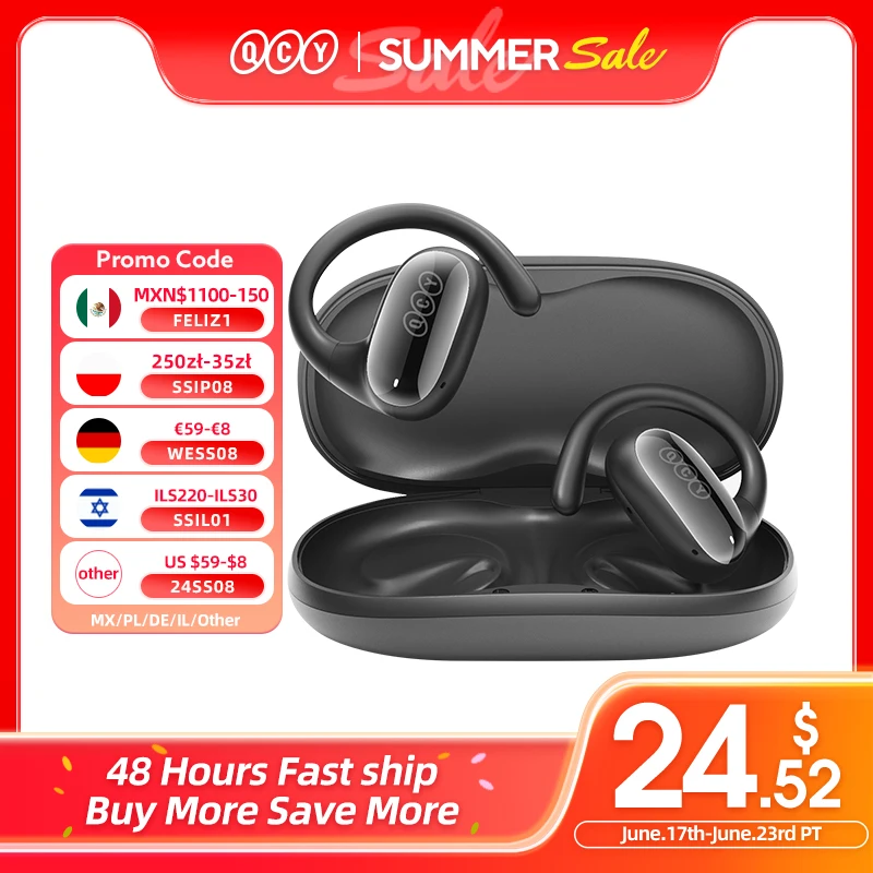 QCY Crossky GTR2 Беспроводные наушники с открытым ухом Bluetooth 5.4 Ушные крючки Наушники с усилением басов Многоточечное соединение IPX5 Водонепроницаемые спортивные наушники с защитой от пота