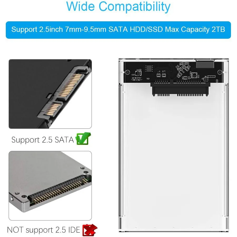 USB 3.0 External Hard Drive Enclosure 2.5 inch SATA to USB3.0 UASP Clear Portable Hard Drive Case 2T HDD Tool-Free Transparent — view 3